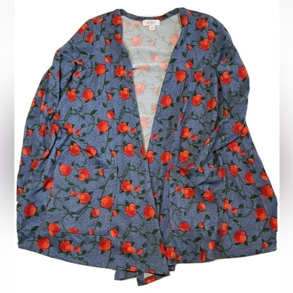 lularoe womens cascade open cardigan size small blue w red roses W Pockets BR